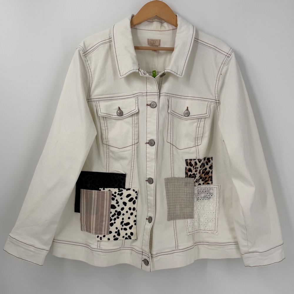LOGO‎ Lavish Lori Goldstein White Patchwork Denim Jacket Mixed Media Plus 22W